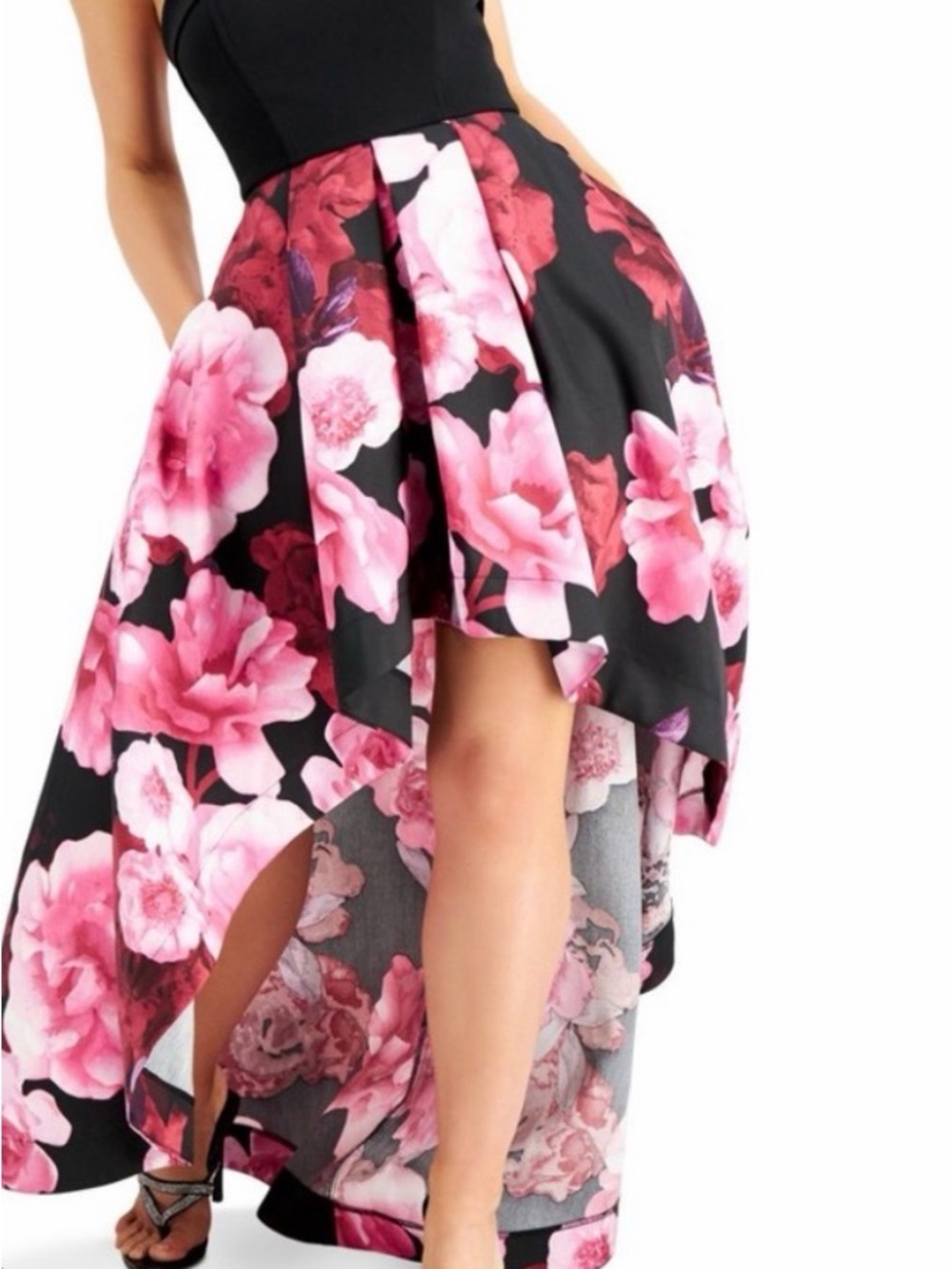 Sandra Darren Black High-Low Dress with Pink Floral Print